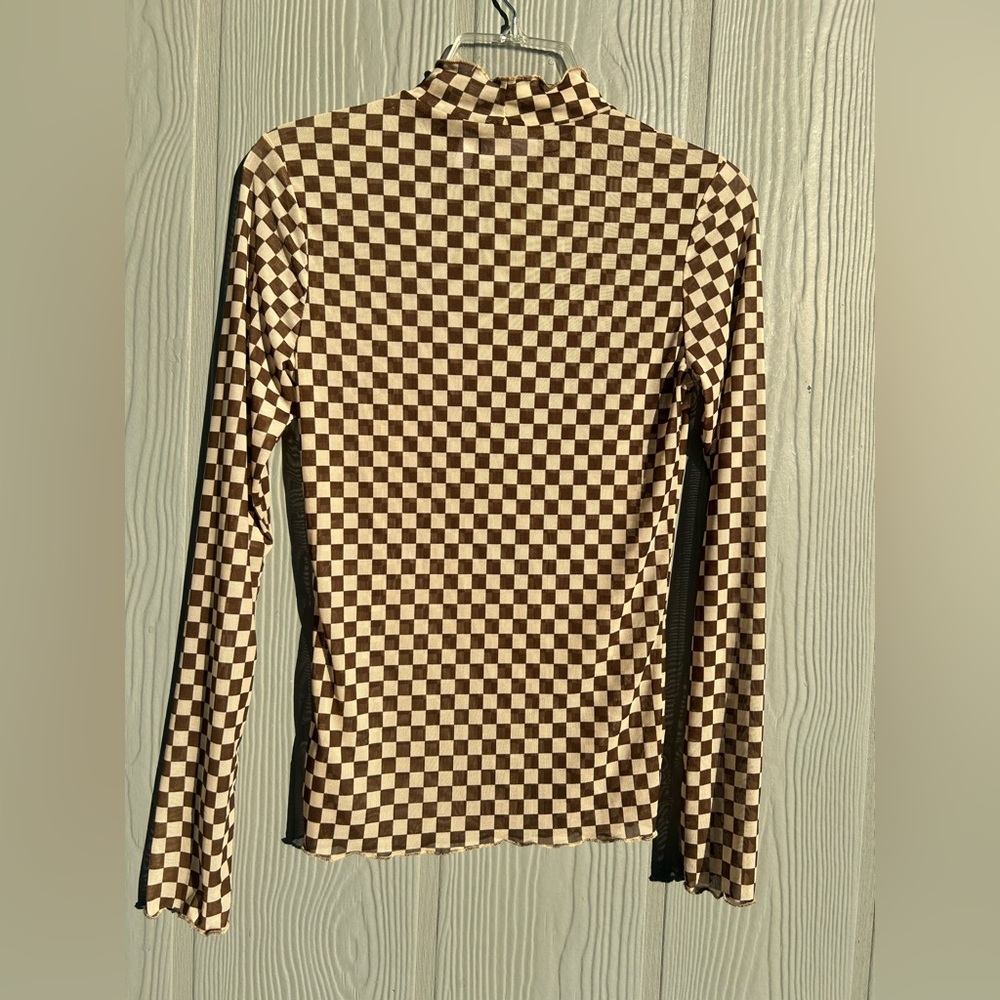 147*.WILLOW & ROOT Women’s Sheer Brown & Beige Checkered Turtleneck